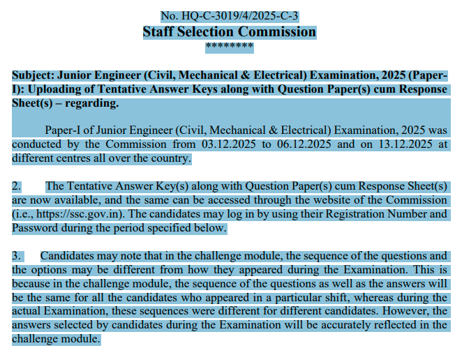 SSC JE (Junior Engineer) Answer Key 2025 जारी | SSC JE Paper-1 रिस्पॉन्स शीट डाउनलोड करें
