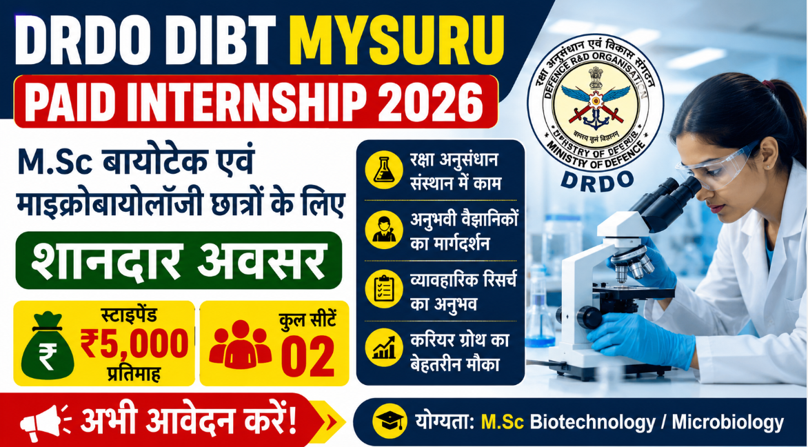 DRDO DIBT Mysuru Paid Internship 2026: M.Sc बायोटेक एवं माइक्रोबायोलॉजी छात्रों के लिए शानदार अवसर, ₹5,000 प्रतिमाह स्टाइपेंड के साथ करें आवेदन